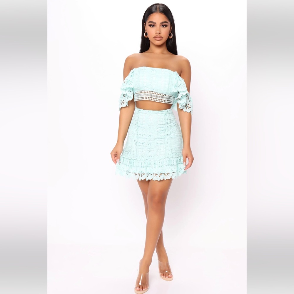 Fashion Nova Mint Lace Crochet Skirt Set Size Small
